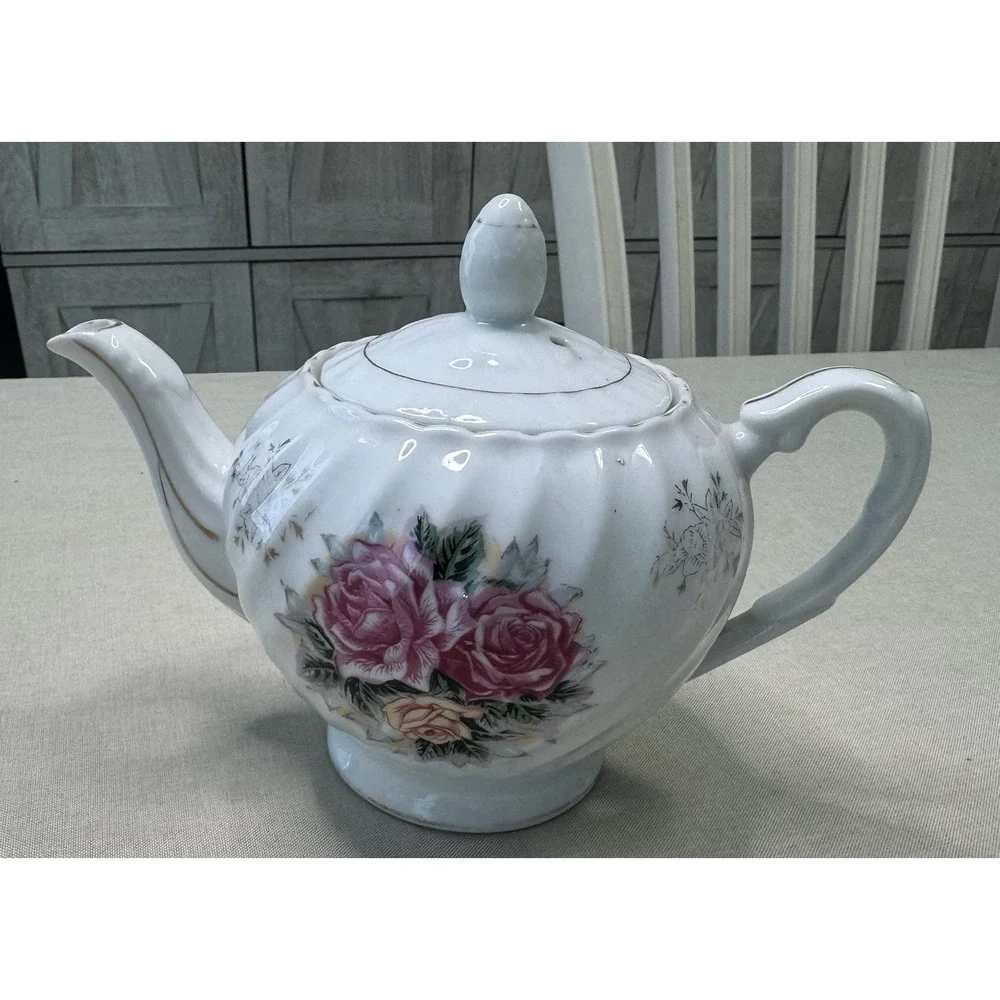Vintage Floral Teapot‎ White Ceramic Pink Roses Gold Trim Cottagecore Shabby